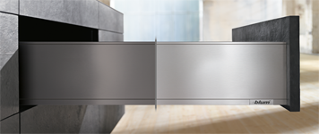 image of split LEGRABOX showing stainless steel and matte Orion gray finishes