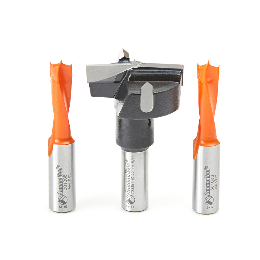 3-Pc Hinge Boring 57mm Long x 10mm Shank Carbide Tipped Bit Set Amana Tool HBM-102 Questions & Answers