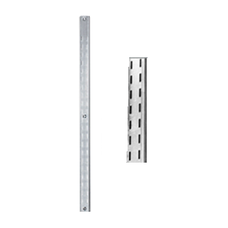 What is the distance between screw holes to mount the vertical wall track? I need it to attach to a shed wall that has shelf lags with a set distance.