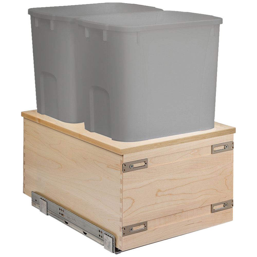 14-7/8" Signature Series 34 Quart Double Bottom Mount Waste Container Maple/Gray Century Components SIGBM145-34PF-GR Questions & Answers
