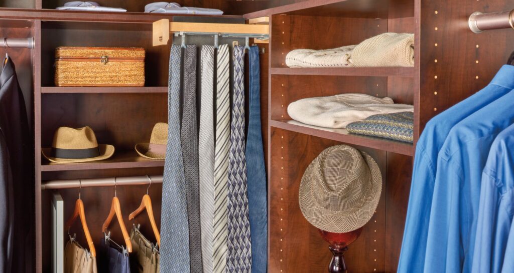 A neat and organized closet using closet organization accessories from Woodworker Express