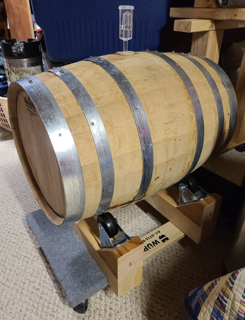 Finished Rolling Barrel Stand with full barrel on top