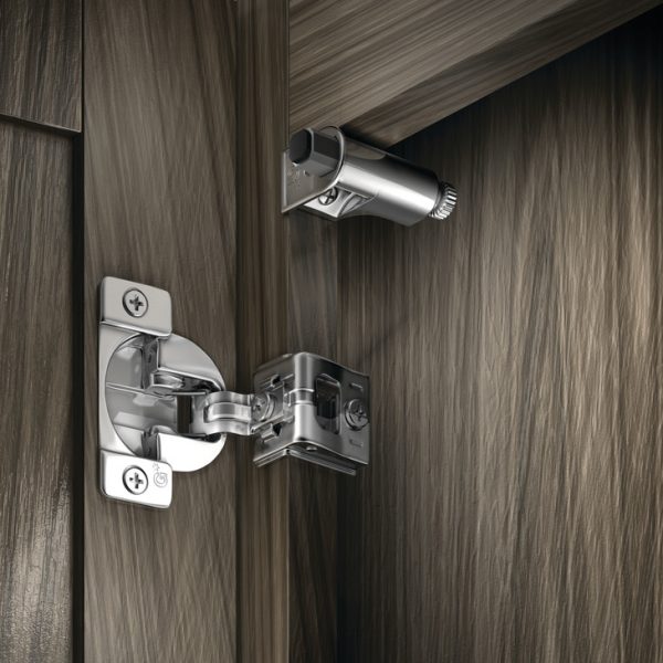 Cabinet door showing a hinge with an installed sof-close adaptor
