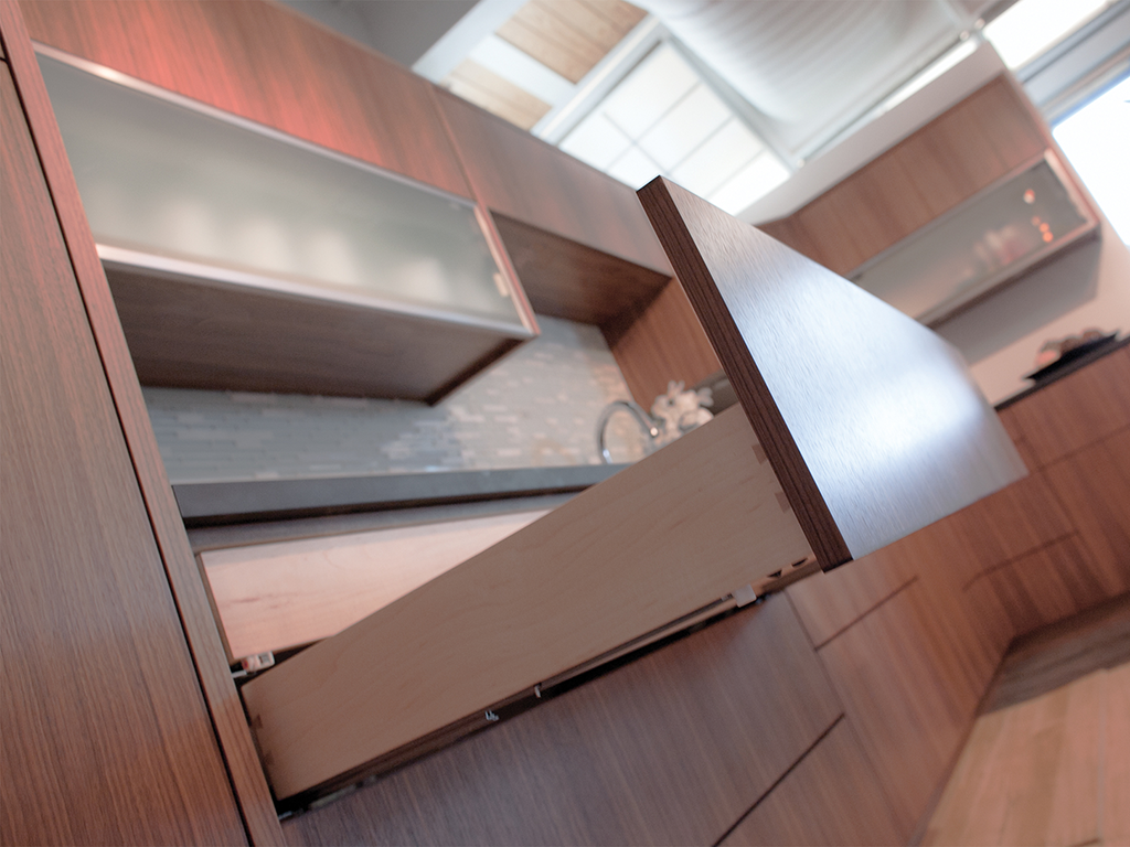 Blum Undermount drawer slide installed on a drawer in a kitchen