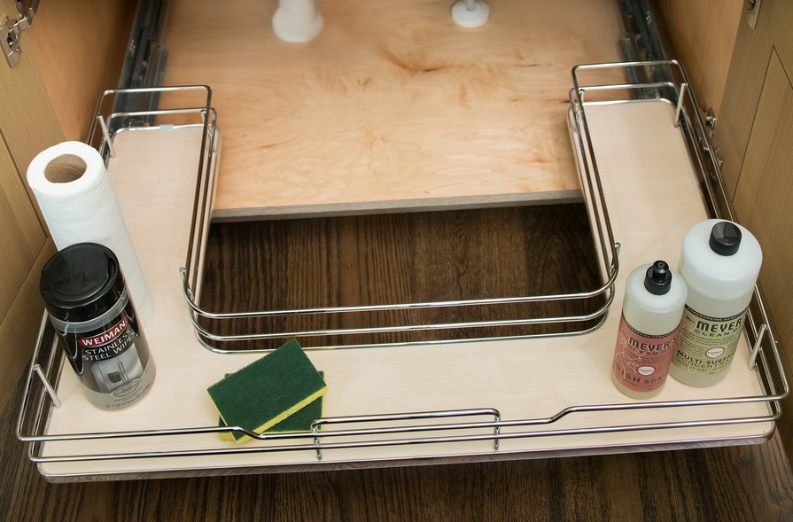 Rev A Shelf Maple Solid Bottom U Shaped Vanity Pullout wBLUMOTION Soft Close for 36 Sink Base Rev A Shelf 5386 33BCSC MP