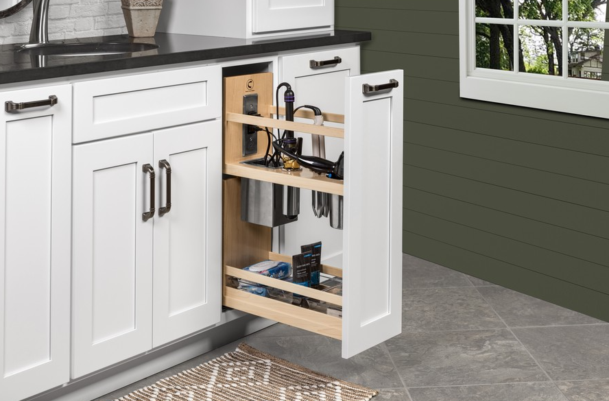 8 78 Signature Series Pullout Vanity Grooming Organizer with Dual Outlets Maple Century Components SIGGO EL85PF 18