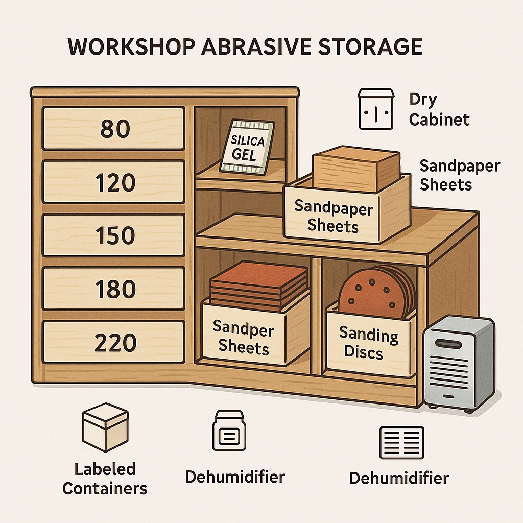 Proper storage setup for woodworking abrasives showing dry organized system