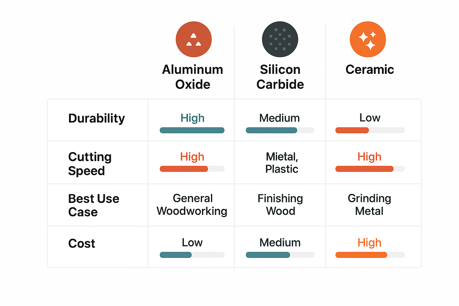 A side by side table comparing aluminum oxide silicon carbide garnet and ceramic abrasives by durability cutting speed best use and cost