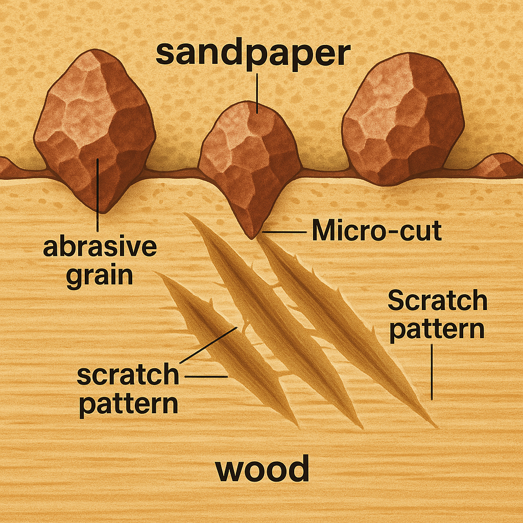 Microscopic view of abrasive grains cutting wood fibers during sanding
