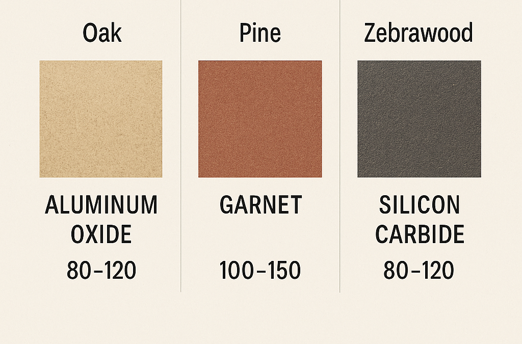abrasiveselectionbywoodtype Woodworker Express Blog Visual chart comparing wood types and recommended abrasive materials and grit ranges
