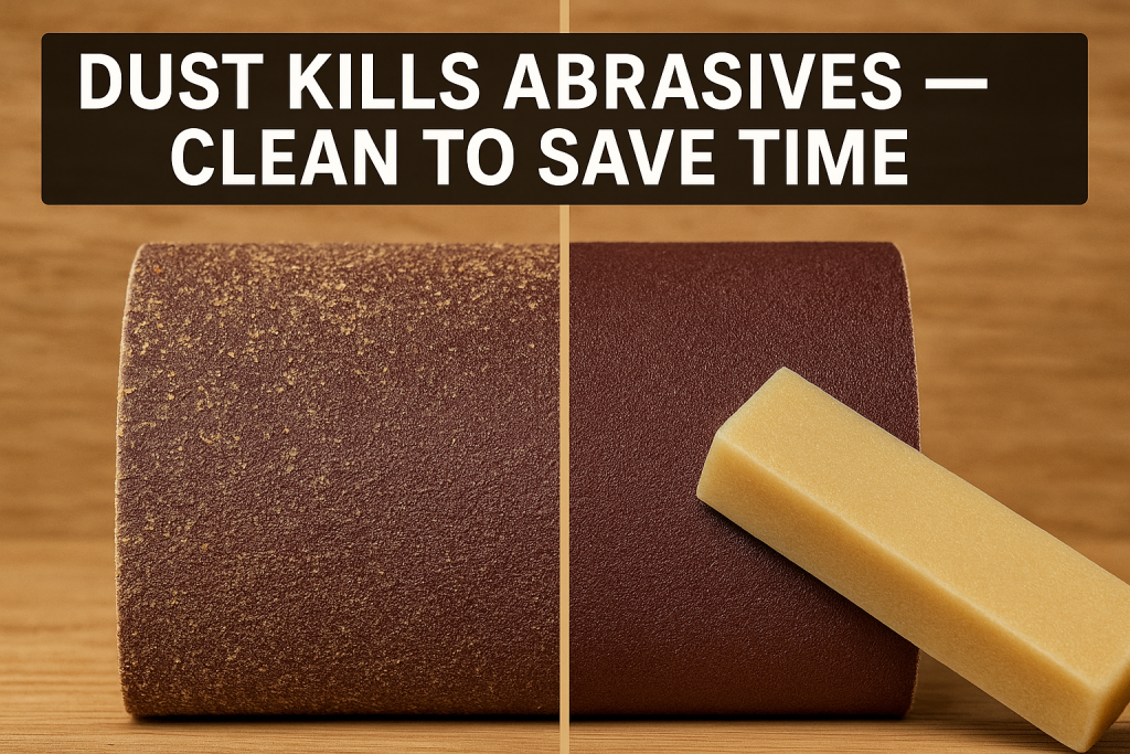 cleanvscloggedabrasive Woodworker Express Blog Comparison of clogged and clean sandpaper with a cleaning stick