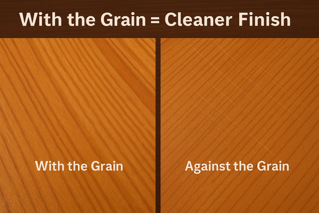Visual comparison of sanding with the wood grain versus across the grain