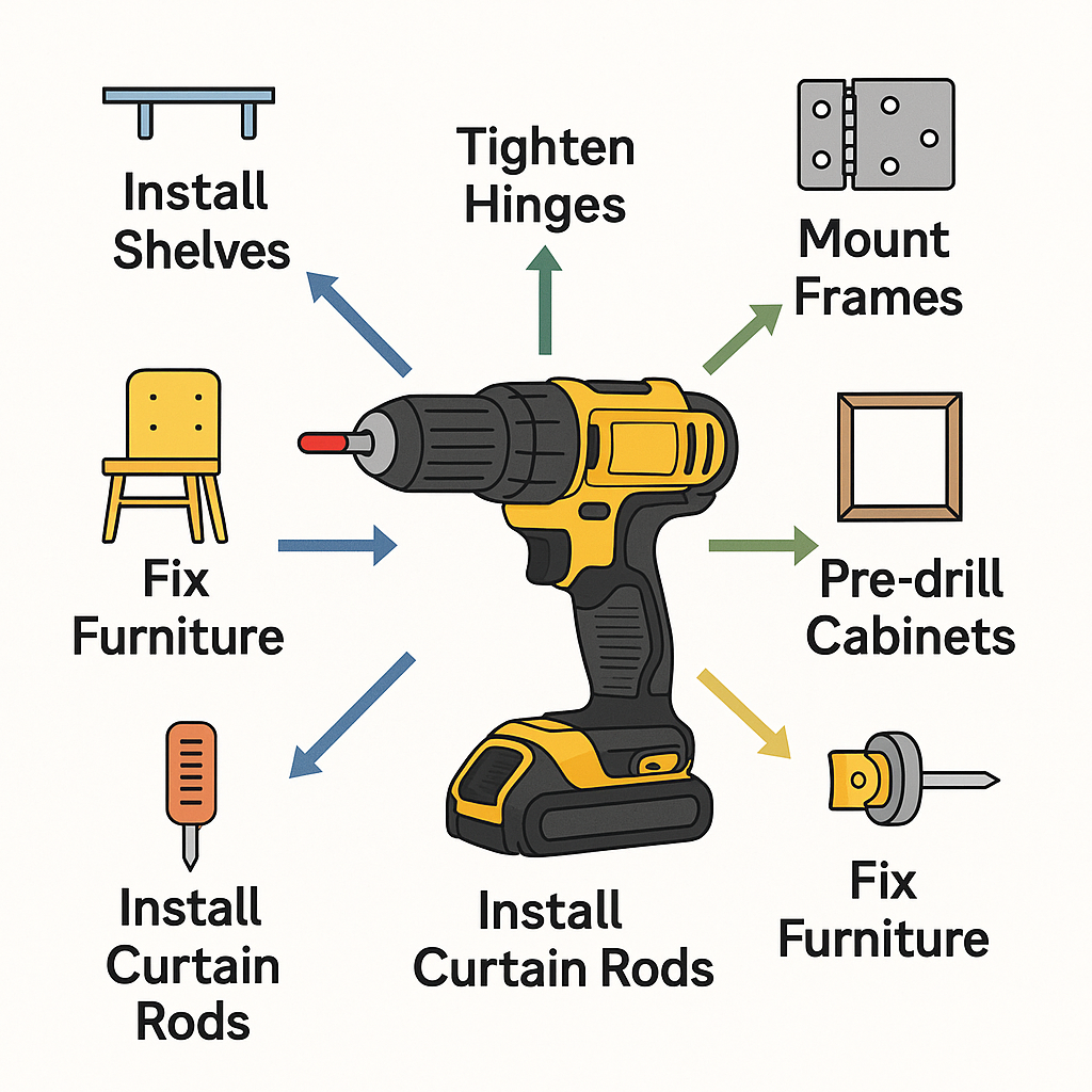 Cordless drill at center with arrows pointing to common household tasks it enables