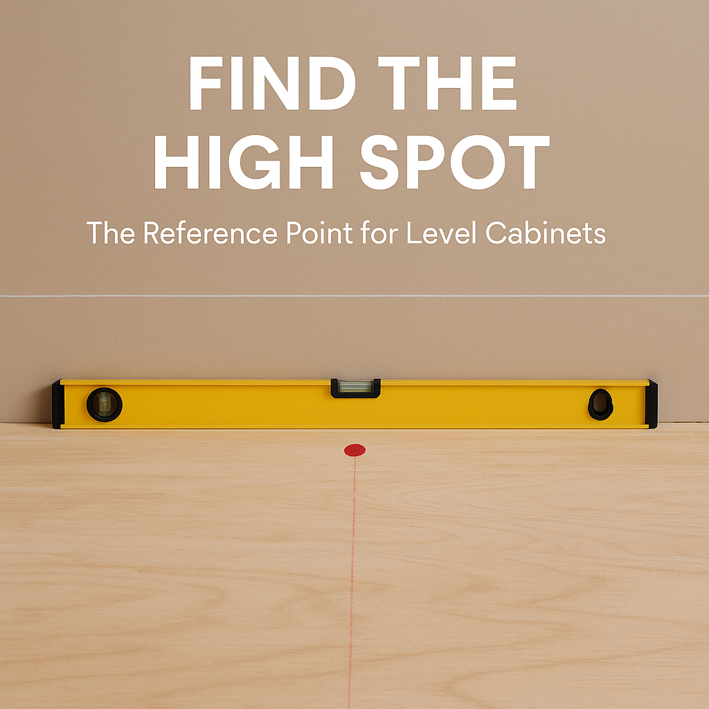 Level tool identifying high spot on kitchen floor with chalk line