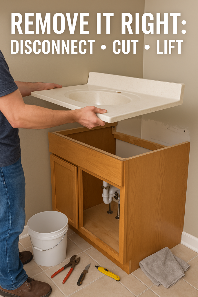 Person removing a bathroom vanity top during demolition process