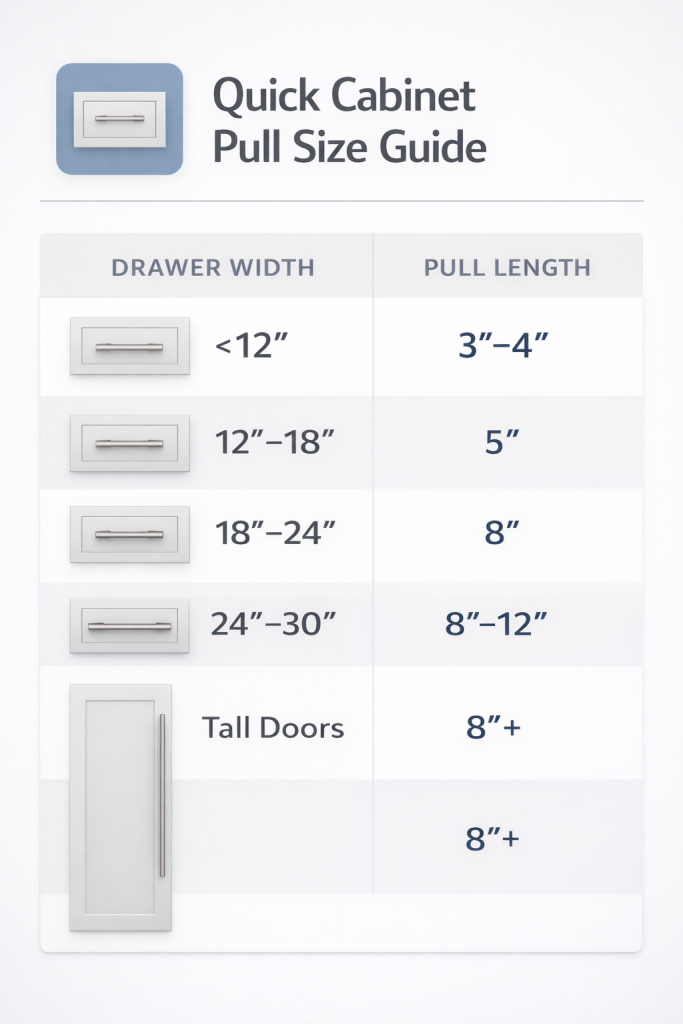 Chart showing cabinet pull lengths recommended for various drawer widths