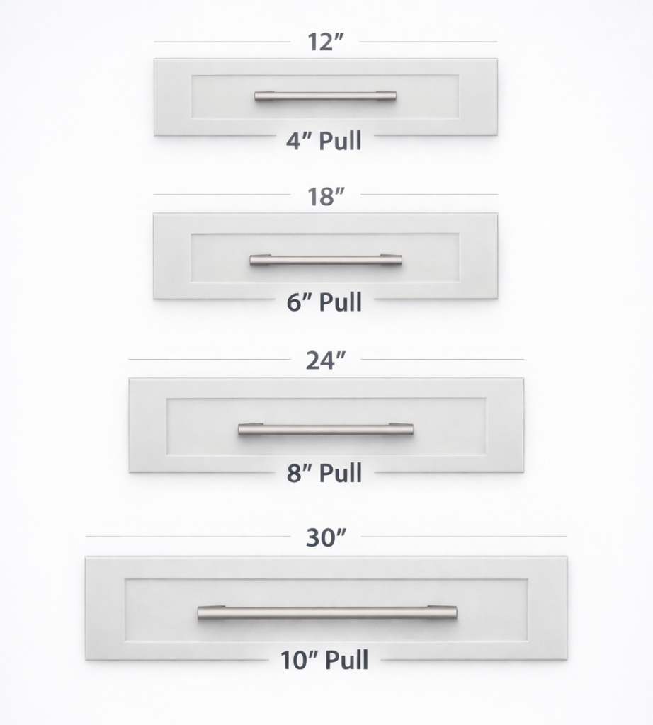 Diagram showing ideal cabinet pull length proportional to drawer width