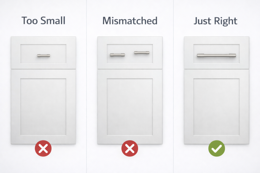 Visual showing incorrect cabinet pull sizing compared to correct sizing