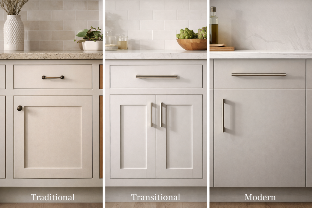 Comparison of cabinet pull lengths in traditional transitional and modern kitchen designs