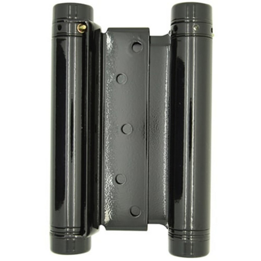 Black metal hinge with two cylindrical barrels and a central mounting plate