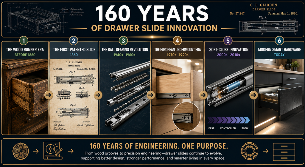 Timeline showing the evolution of drawer slide technology from wooden runners to modern soft close systems