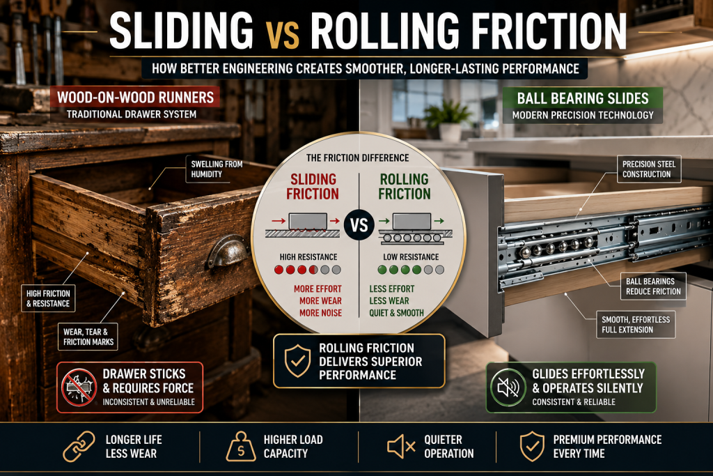 Comparison between traditional wood drawer runners and modern ball bearing drawer slides