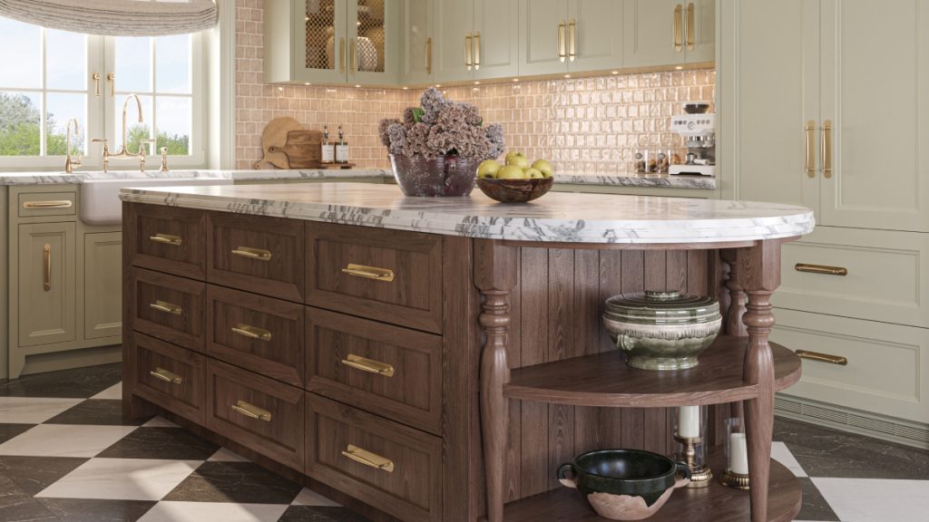berensonblogmarch202601 Woodworker Express Blog Marble topped kitchen island with dark wood drawers and brass handles in a cream toned kitchen with a checkered floor