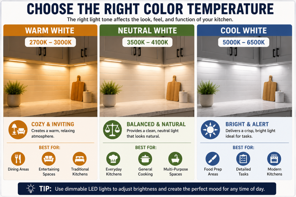 Comparison of warm neutral and cool white cabinet lighting