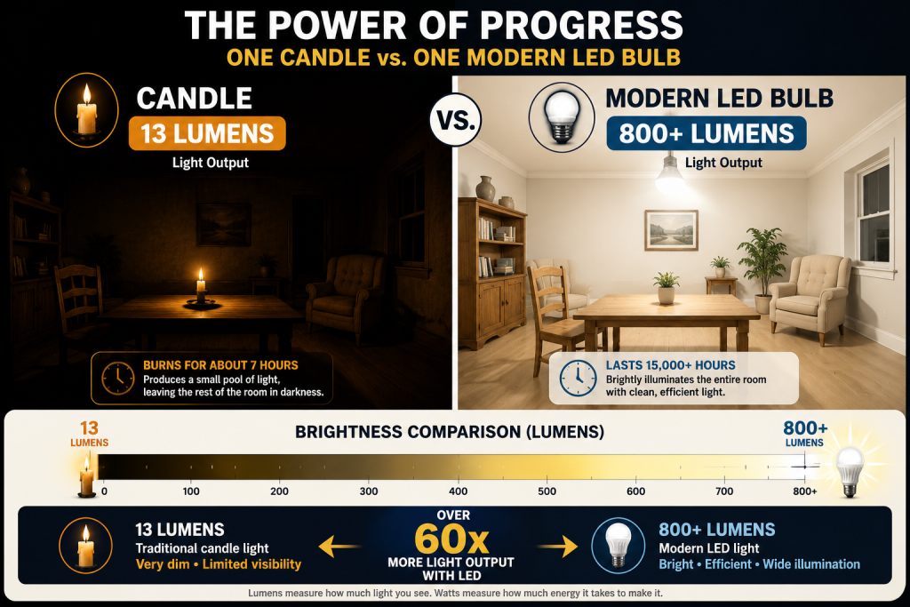 candleversusledbrightness Woodworker Express Blog Comparison of candlelight brightness and modern LED lighting output