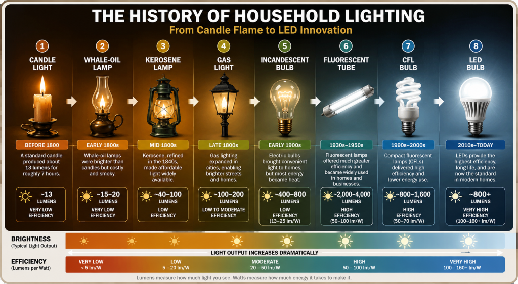 householdlightingevolutiontimeline Woodworker Express Blog Timeline showing the evolution of household lighting technologies from candlelight to LED lighting