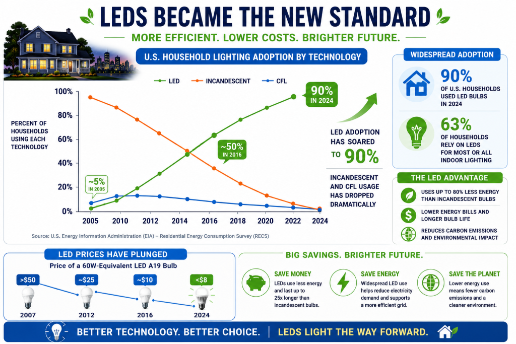 ledadoptiongrowth Woodworker Express Blog Growth of LED household adoption compared with older lighting technologies