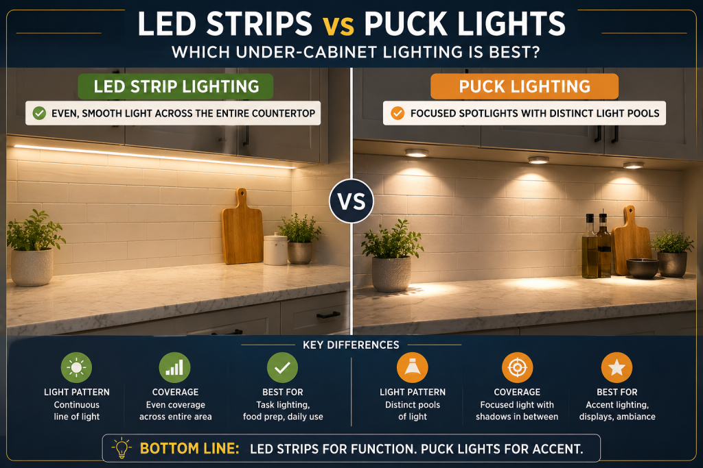 Comparison of LED strip lighting and puck lighting under kitchen cabinets
