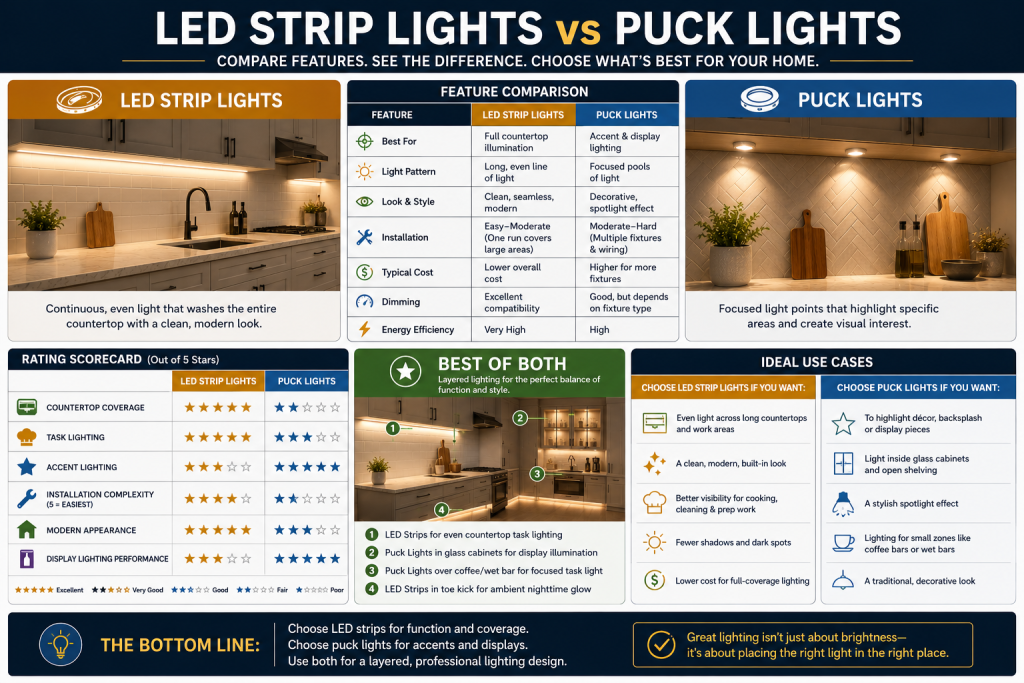 Lighting decision infographic comparing strip lights and puck lights