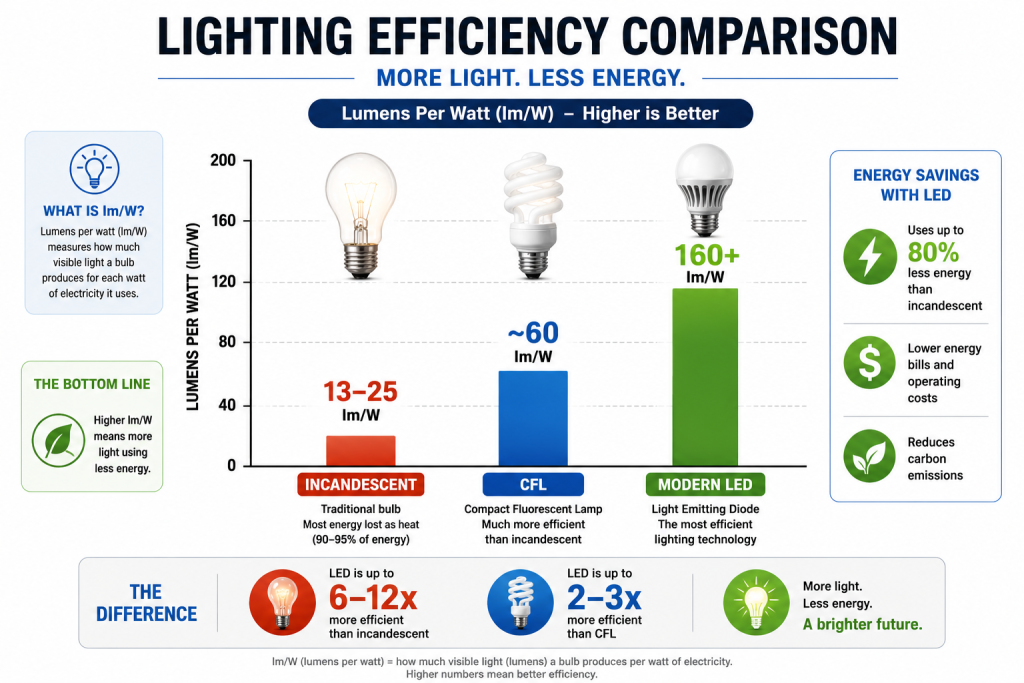 lightingefficiencycomparison Woodworker Express Blog Lighting efficiency comparison showing lumens per watt by bulb type