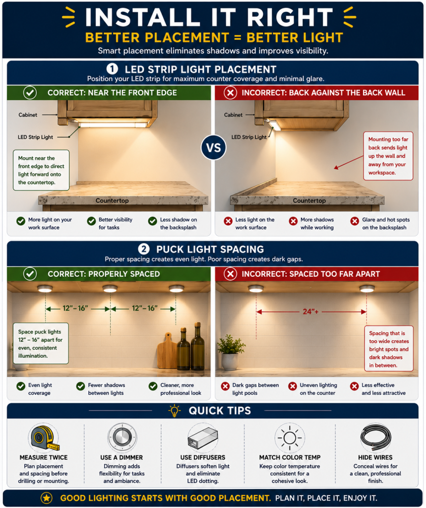 Under cabinet lighting placement guide showing optimal mounting locations