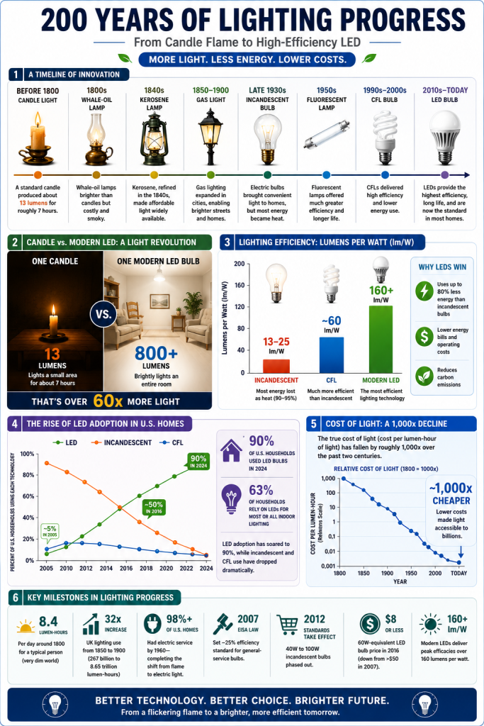 lightingprogressinfographic Woodworker Express Blog Infographic summarizing the progression of lighting technology and efficiency