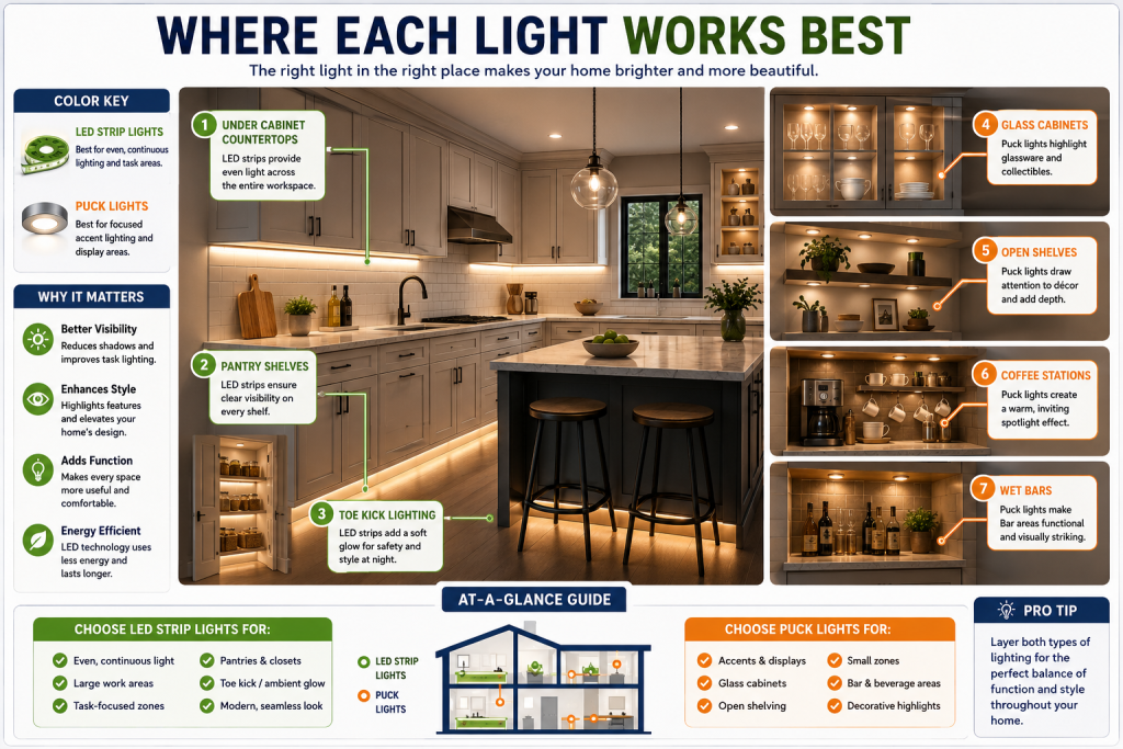 Comparison of LED strip lighting and puck lighting under kitchen cabinets