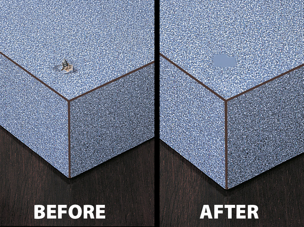 Sample SeamFil repair on blue speckled countertop