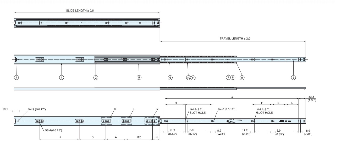 ESR-DC4513 Drawer Slides Technical Line Drawing