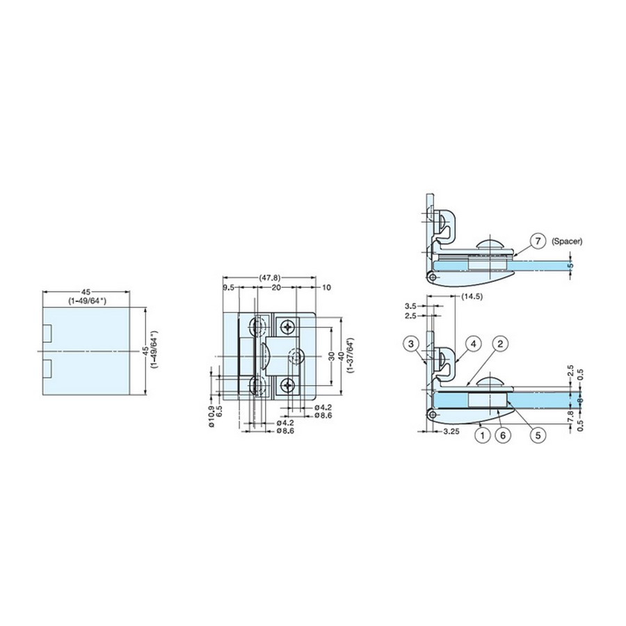 GH-450 Glass Door Hinge Technical Line Drawing