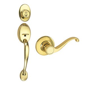 Design House 512418 Coventry 2-Way Latch Door Handle Set with Lever, Handle &amp; Keyway, Adjustable Backset, Polished Brass