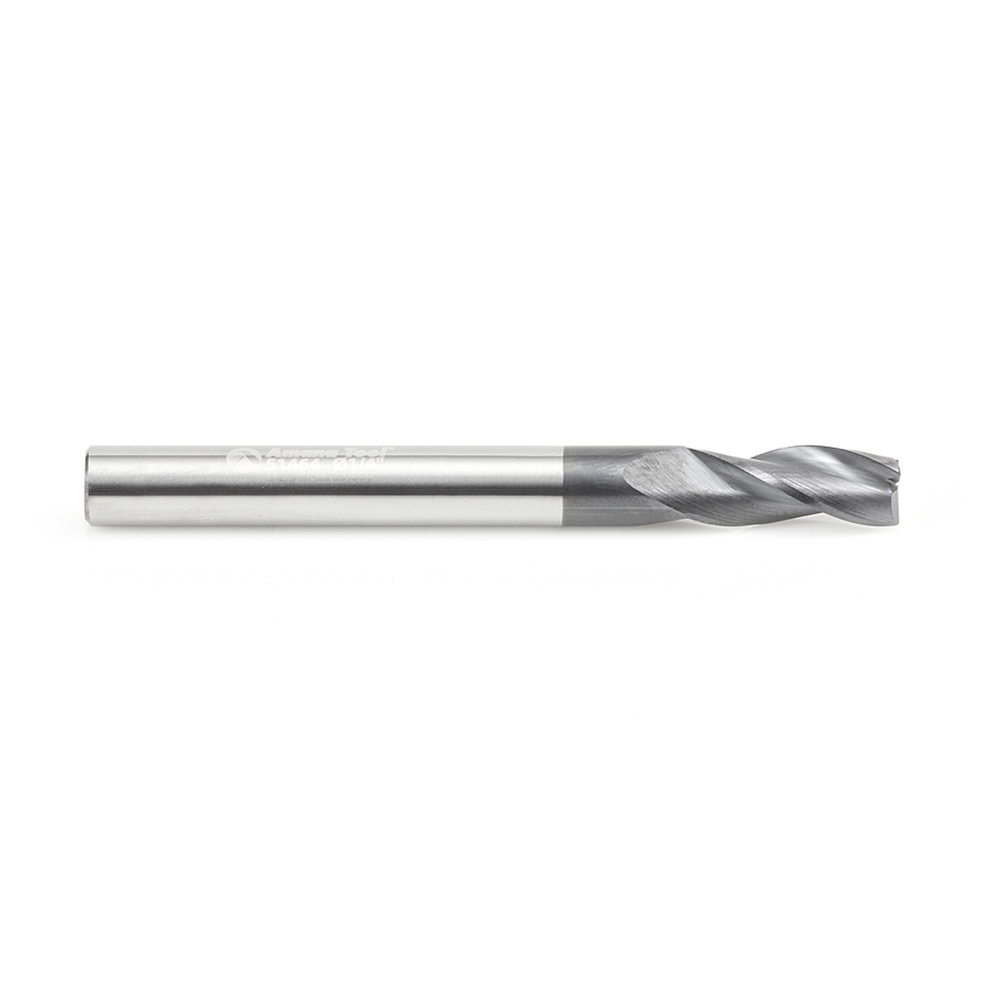 CNC Solid Carbide Spiral for Steel & Stainless Steel w/ AlTiN Coating 3-Flute x 1/4 Dia x 5/8 x 1/4 Shank x 2-3/8" Long Up-Cut Router Bit / 45 degree Corner Chamfer End Mill Amana Tool 51464