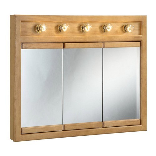 Design House 530618 Richland Nutmeg Oak Lighted Tri-View Wall Cabinet Mirror with 3-Doors, 36 X 30