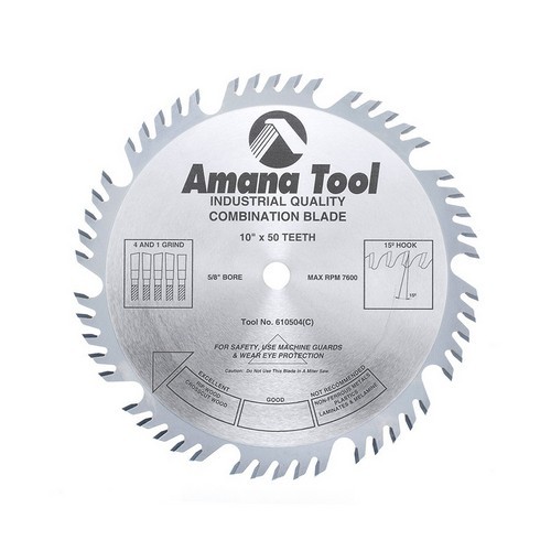 Amana Tool 610504 Carbide Tipped Combination Ripping &amp; Crosscut 10 Inch dia. x 50T 4+1, 15 Deg, 5/8 Bore