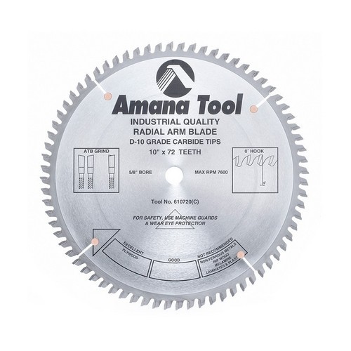 Amana Tool 610720 Carbide Tipped Radial Arm 10 Inch dia. x 72T ATB, 0 Deg, 5/8 Bore Circular Saw Blade