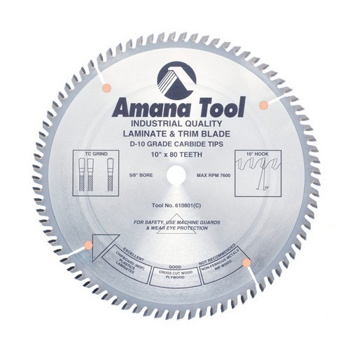 Amana Tool 610801 Carbide Tipped Fine Cut-Off &amp; Crosscut 10 Inch dia. x 80T TCG, 10 Deg, 5/8 Bore
