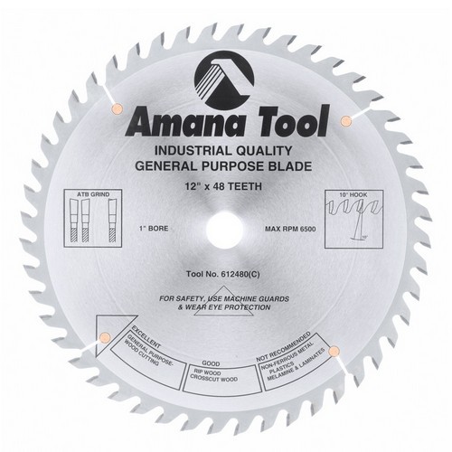 Amana Tool 612480 Carbide Tipped General Purpose 12 Inch dia. x 48T ATB, 15 Deg, 1 inch Bore