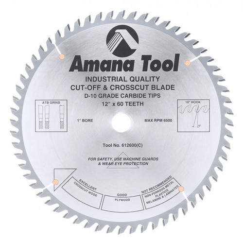 Amana Tool 612600 Carbide Tipped Cut-Off &amp; Crosscut 12 Inch dia. x 60T ATB, 10 Deg, 1 Inch Bore
