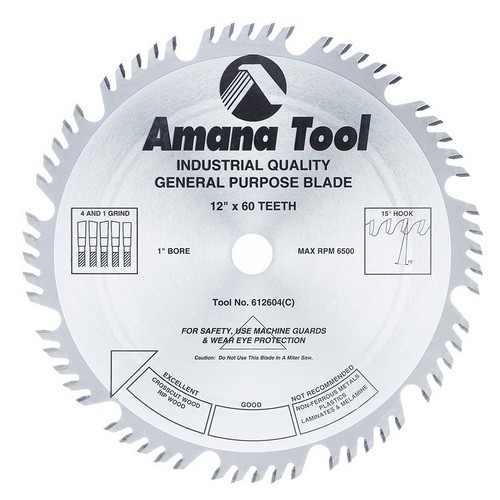 Amana Tool 612604 Carbide Tipped Combination Ripping &amp; Crosscut 12 Inch dia. x 60T 4+1, 15 Deg, 1 Inch Bore