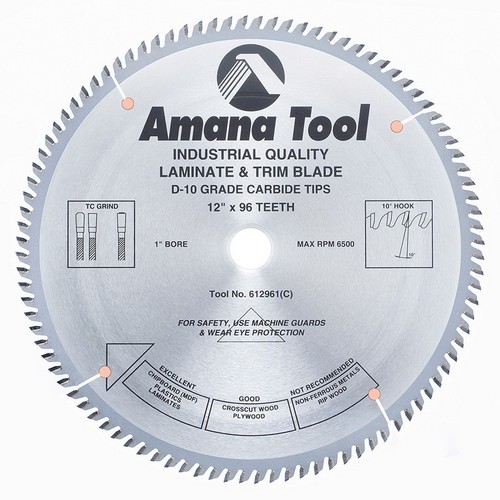 Amana Tool 612961 Carbide Tipped Fine Cut-Off &amp; Crosscut 12 Inch dia. x 96T TCG, 10 Deg, 1 Inch Bore